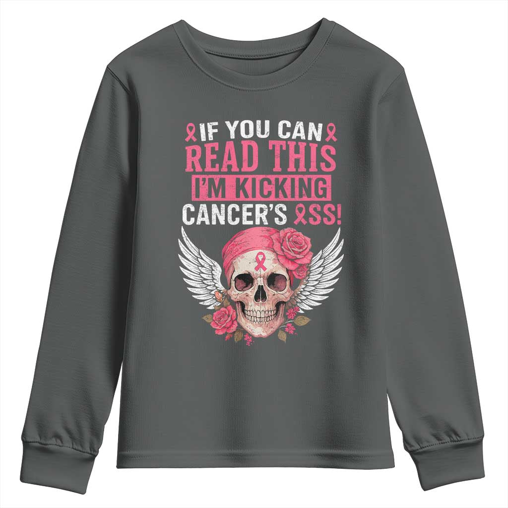 Funny Breast Cancer Survivor Youth Sweatshirt Im Kicking Cancers Ass Pink Ribbon Skull - Wonder Print Shop