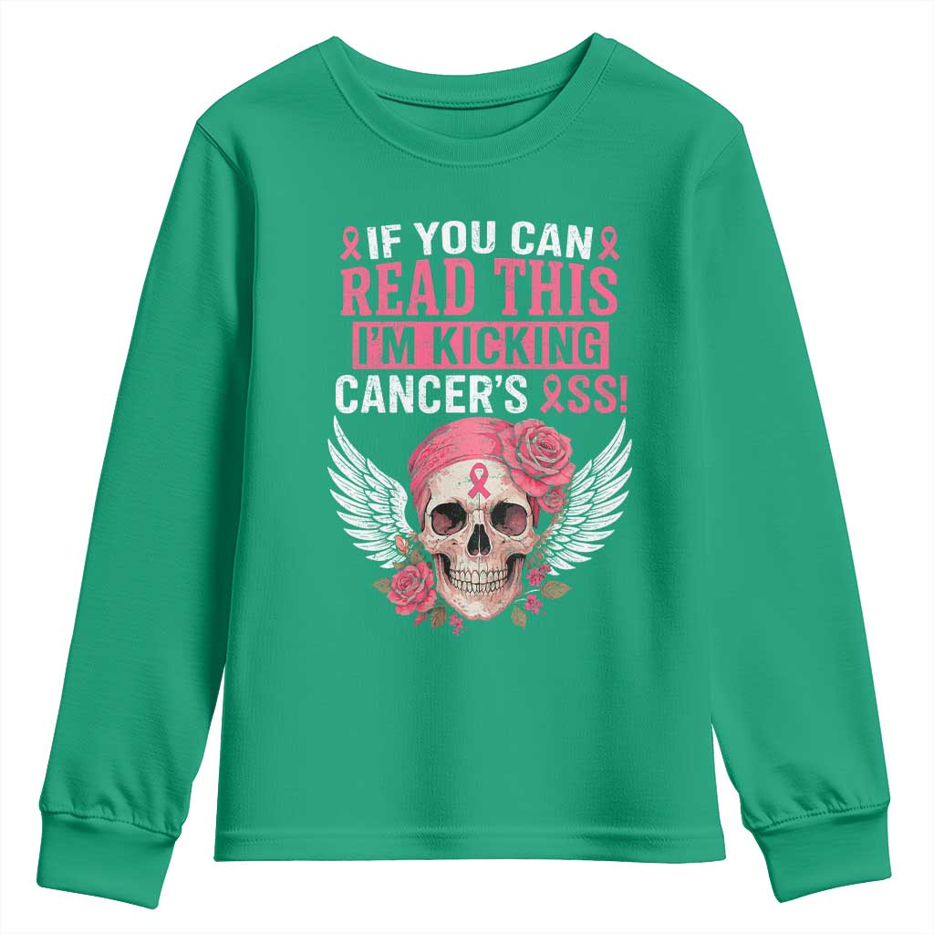 Funny Breast Cancer Survivor Youth Sweatshirt Im Kicking Cancers Ass Pink Ribbon Skull - Wonder Print Shop