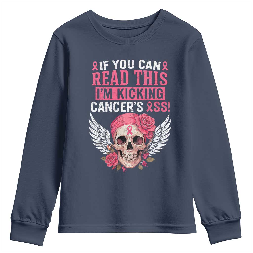Funny Breast Cancer Survivor Youth Sweatshirt Im Kicking Cancers Ass Pink Ribbon Skull - Wonder Print Shop
