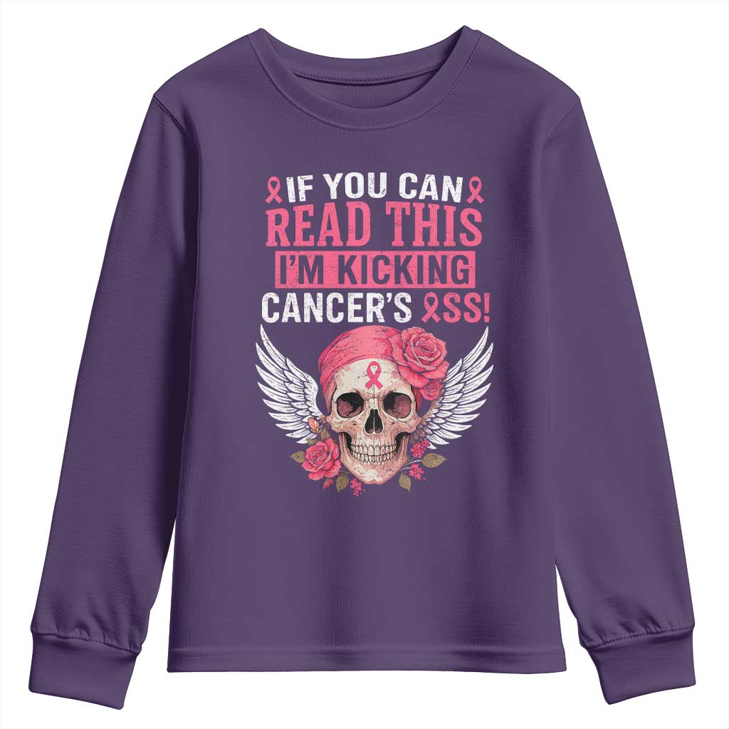 Funny Breast Cancer Survivor Youth Sweatshirt Im Kicking Cancers Ass Pink Ribbon Skull - Wonder Print Shop