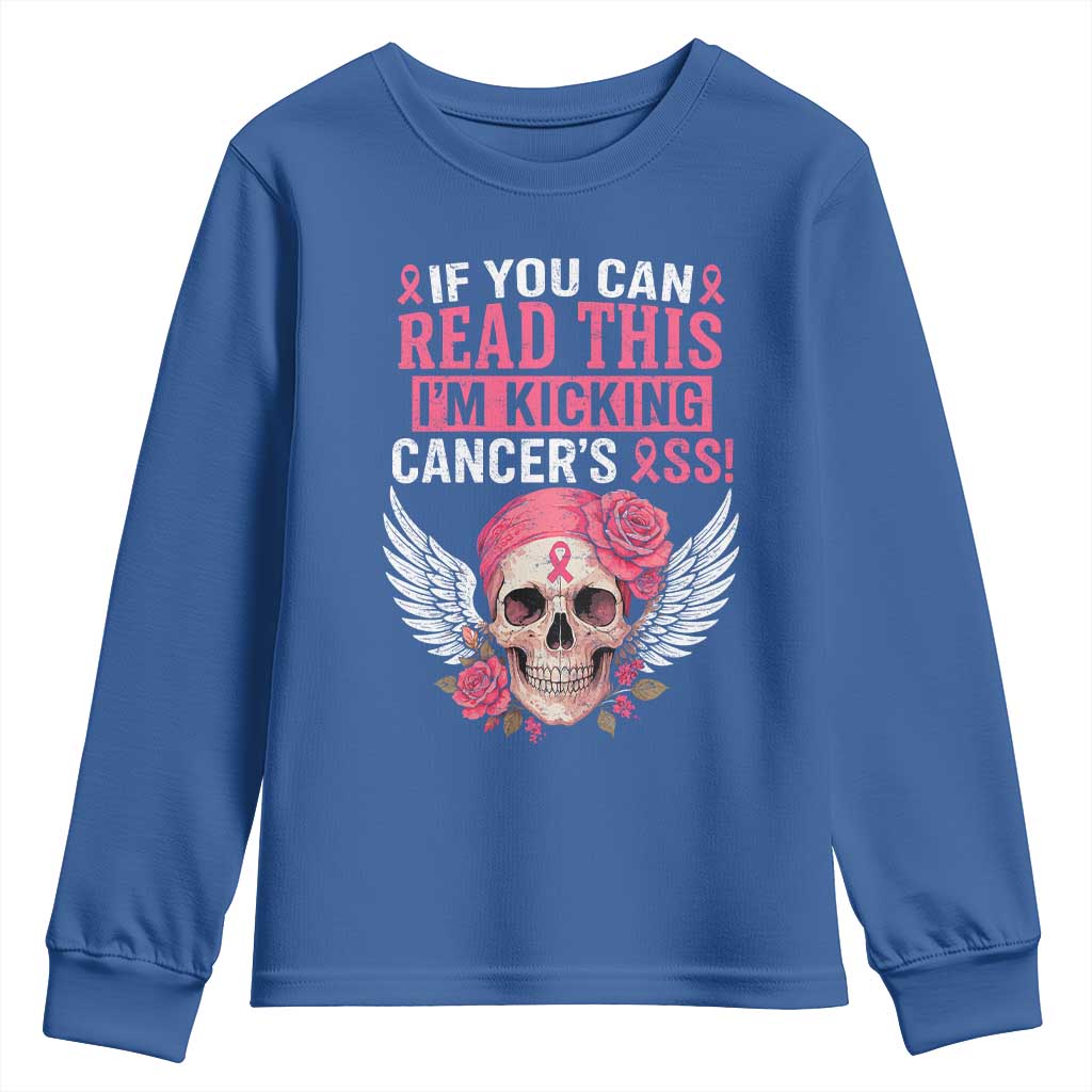 Funny Breast Cancer Survivor Youth Sweatshirt Im Kicking Cancers Ass Pink Ribbon Skull - Wonder Print Shop
