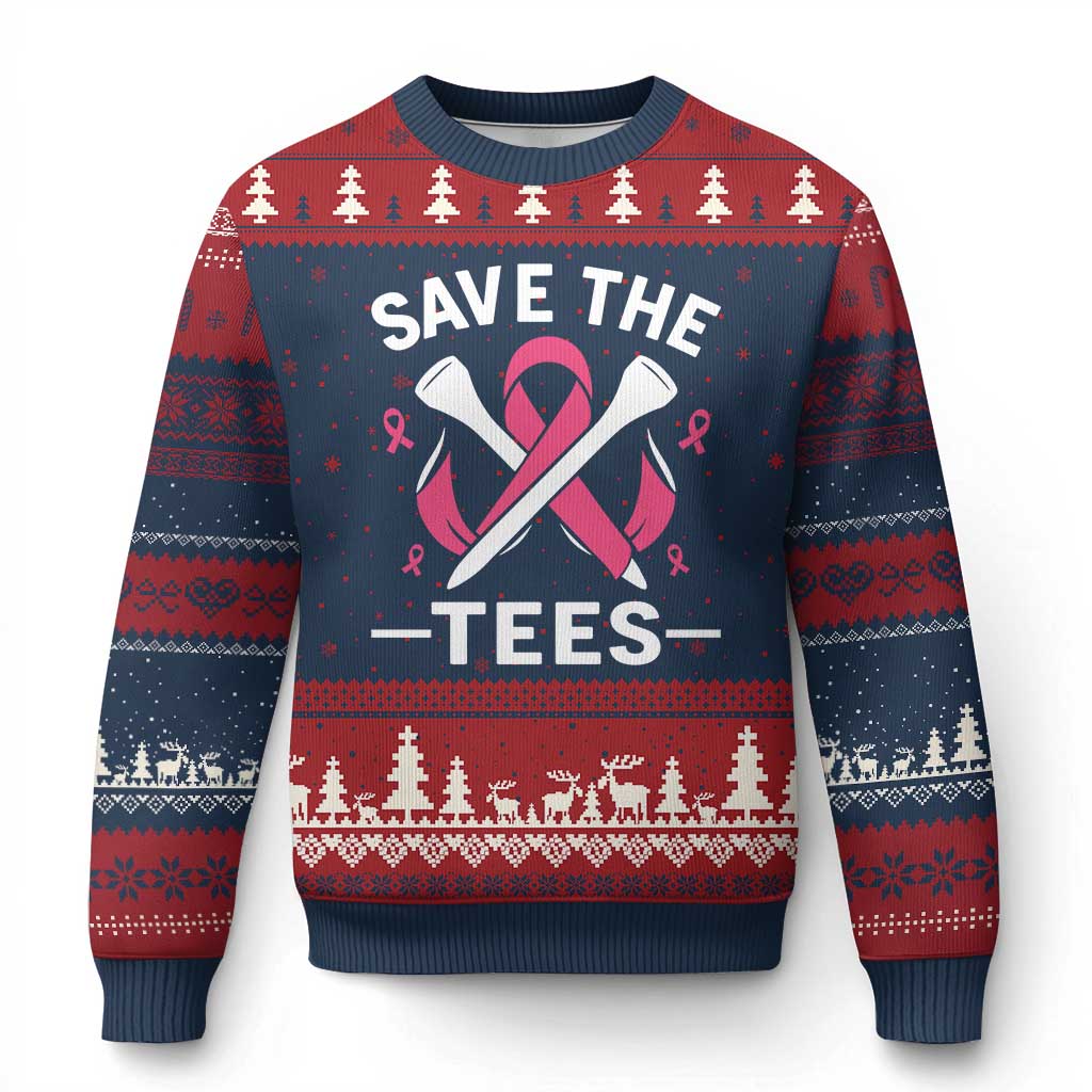 Breast Cancer Awareness Pink Ribbon Golf Ugly Christmas Sweater Funny Save The Tees - Wonder Print Shop