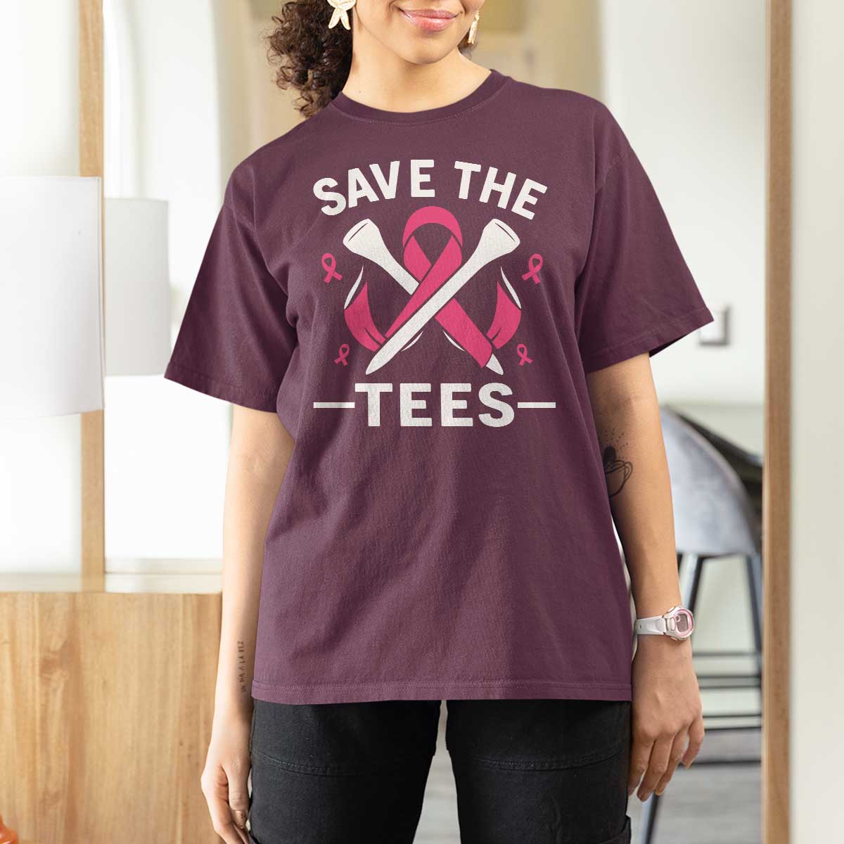 Breast Cancer Awareness Pink Ribbon Golf T Shirt For Women Funny Save The Tees - Wonder Print Shop