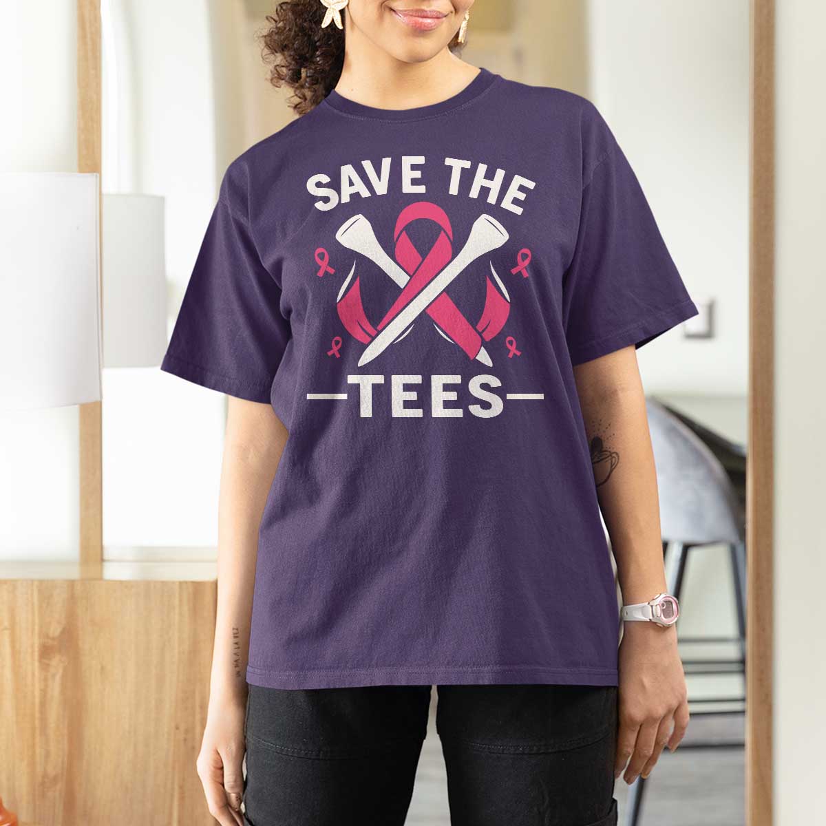 Breast Cancer Awareness Pink Ribbon Golf T Shirt For Women Funny Save The Tees - Wonder Print Shop