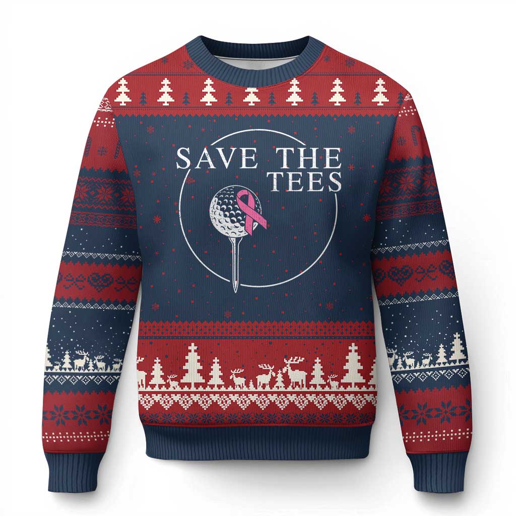 Breast Cancer Awareness Golf Ugly Christmas Sweater Pink Ribbon Save The Tees Fundraiser Team - Wonder Print Shop