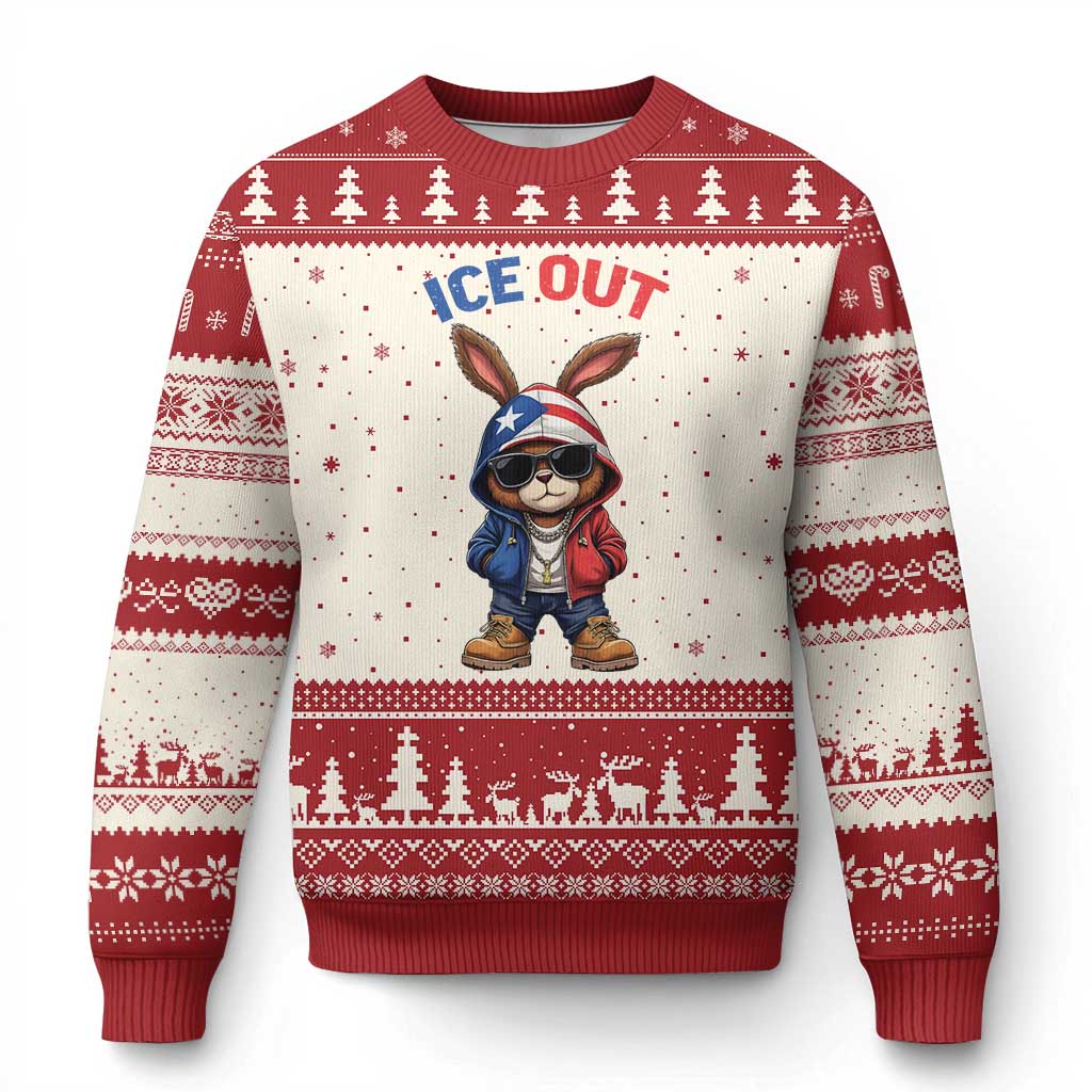 Cool Bunny Ice Out Ugly Christmas Sweater Puerto Rican Flag Hoodie Outfit Vibes Boricua