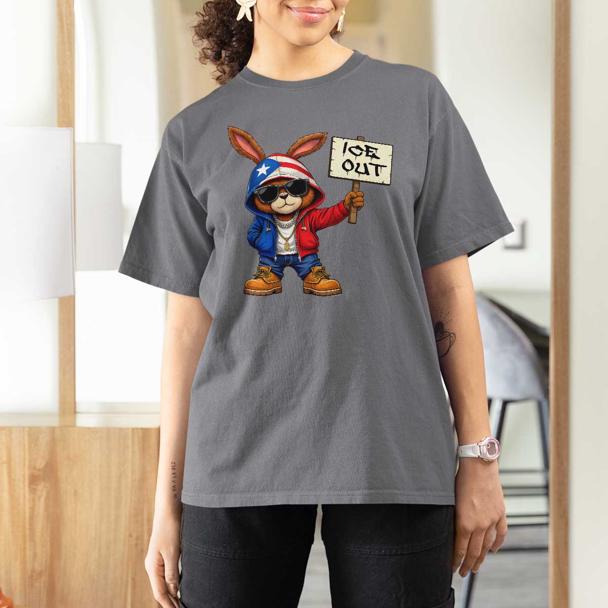 Bunny Ice Out T Shirt For Women Protest Equality Puerto Rican Flag Hoodie
