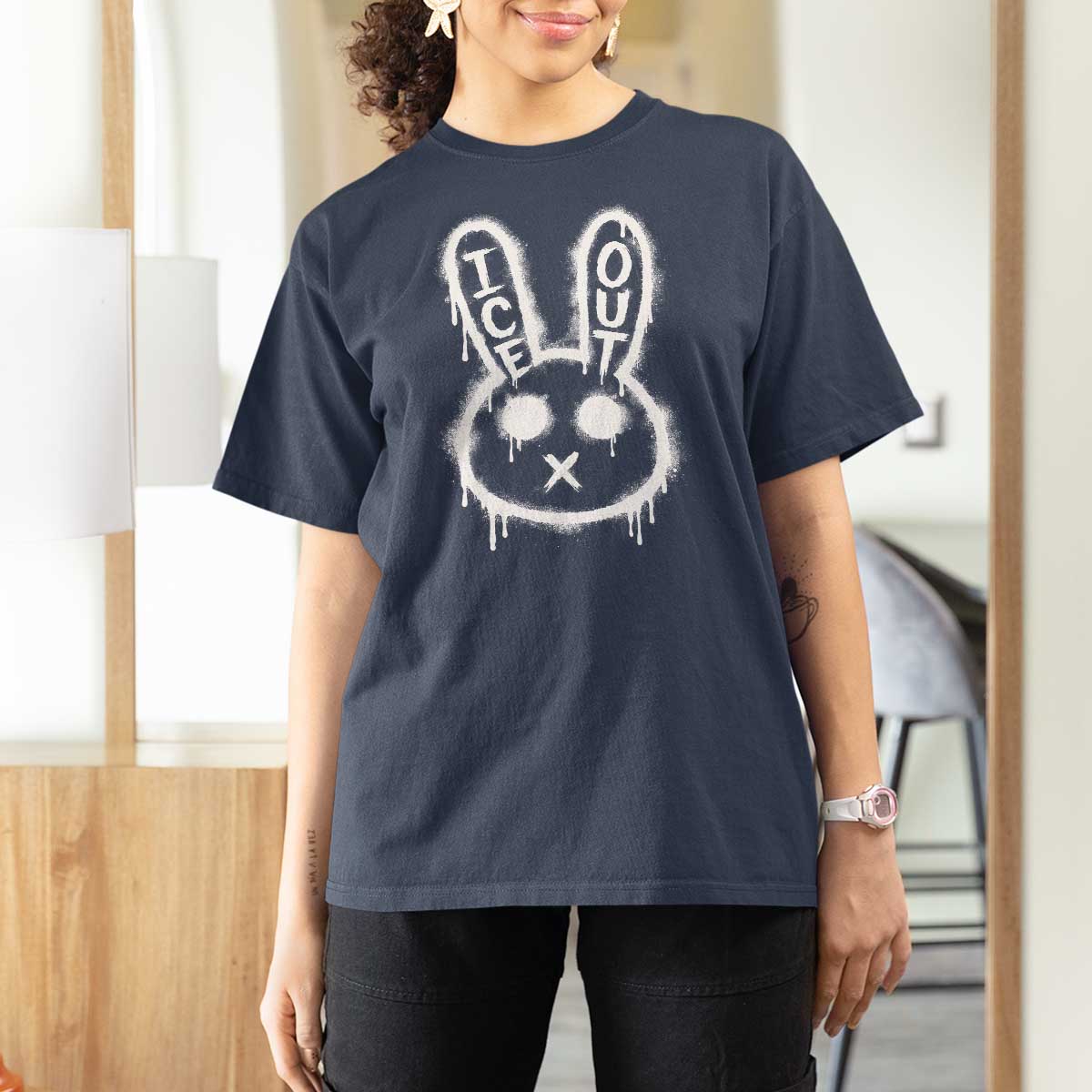 Cool Bunny Ice Out T Shirt For Women Graffiti Style Rabbit FDT Anti Immigration Enforcement