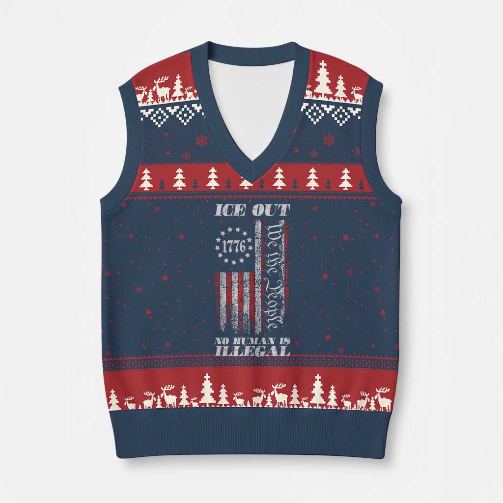 Ice Out No Human Is Illegal V-Neck Knit Sweater Vest Vintage Old 1776 US Flag