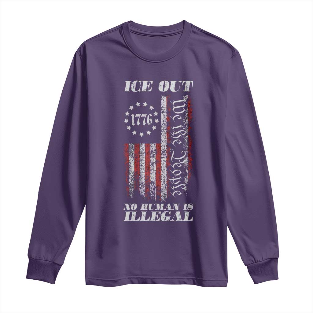 Ice Out No Human Is Illegal Long Sleeve Shirt Vintage Old 1776 US Flag