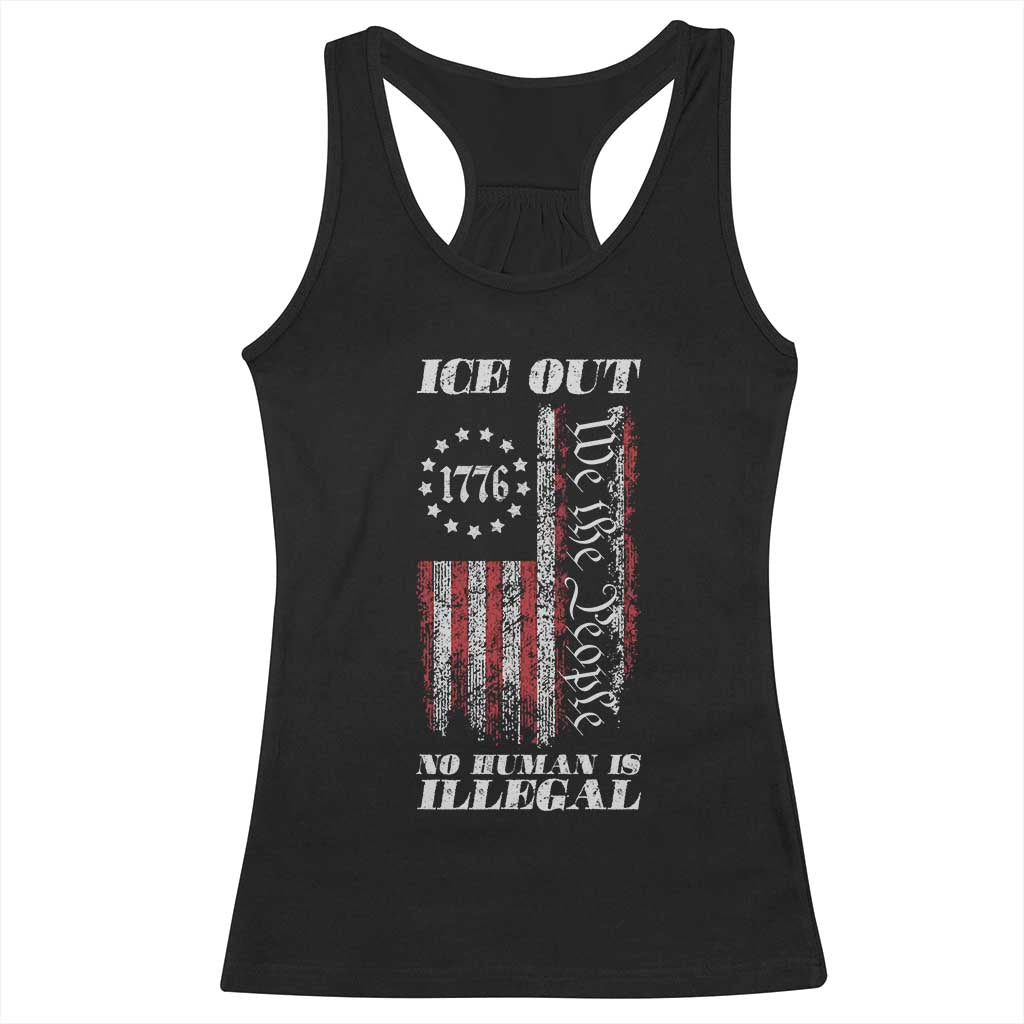 Ice Out No Human Is Illegal Racerback Tank Top Vintage Old 1776 US Flag