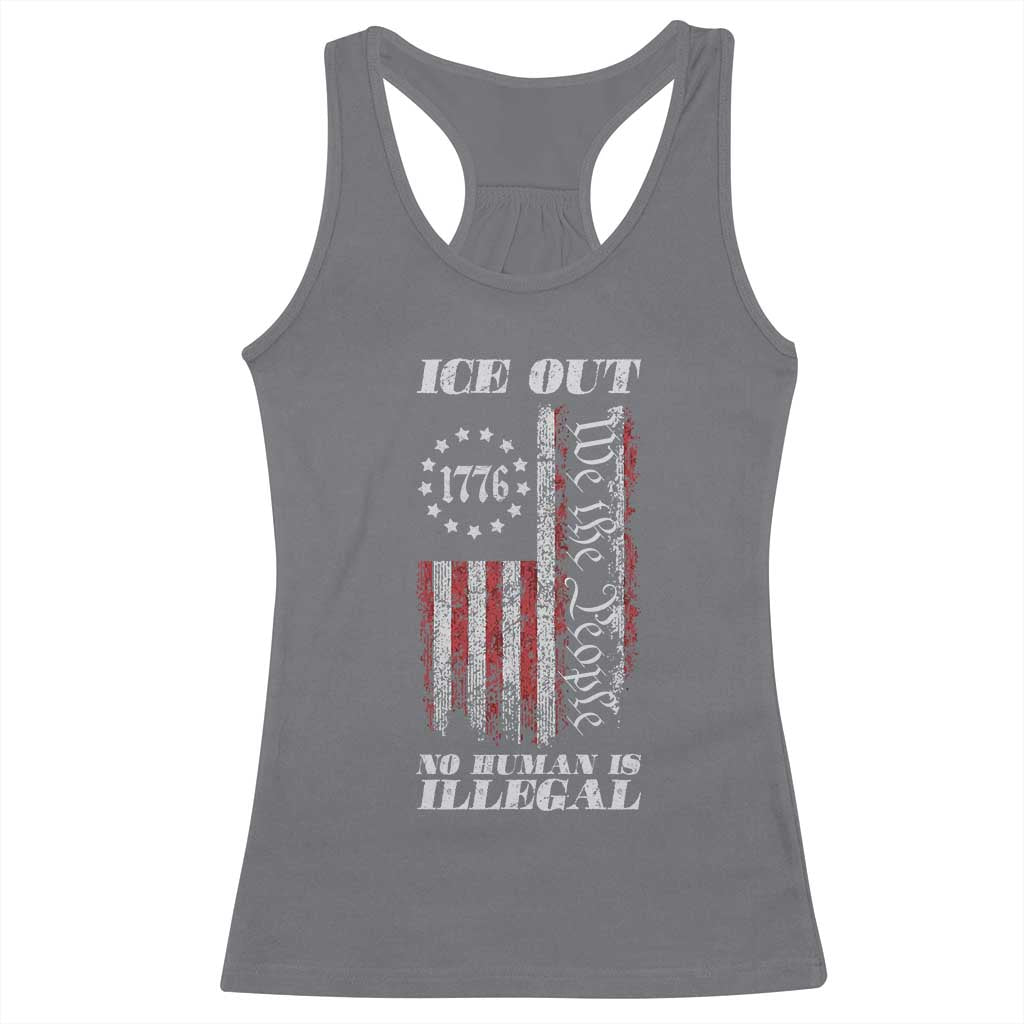 Ice Out No Human Is Illegal Racerback Tank Top Vintage Old 1776 US Flag