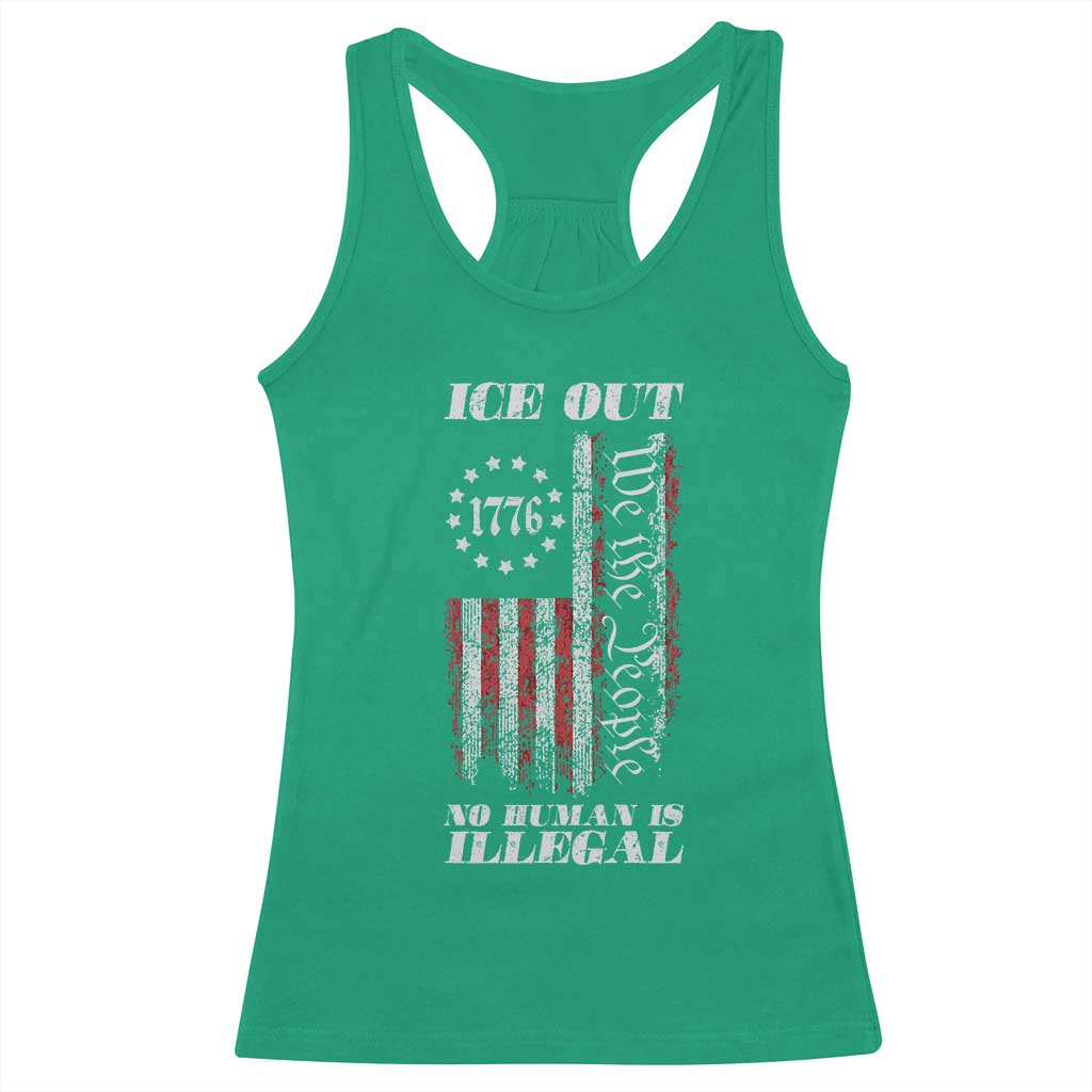 Ice Out No Human Is Illegal Racerback Tank Top Vintage Old 1776 US Flag