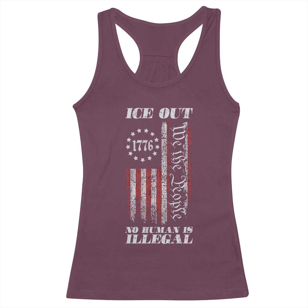 Ice Out No Human Is Illegal Racerback Tank Top Vintage Old 1776 US Flag