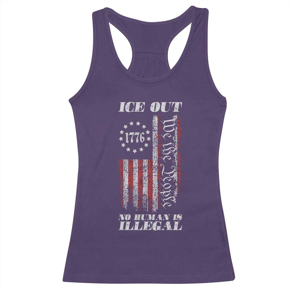 Ice Out No Human Is Illegal Racerback Tank Top Vintage Old 1776 US Flag