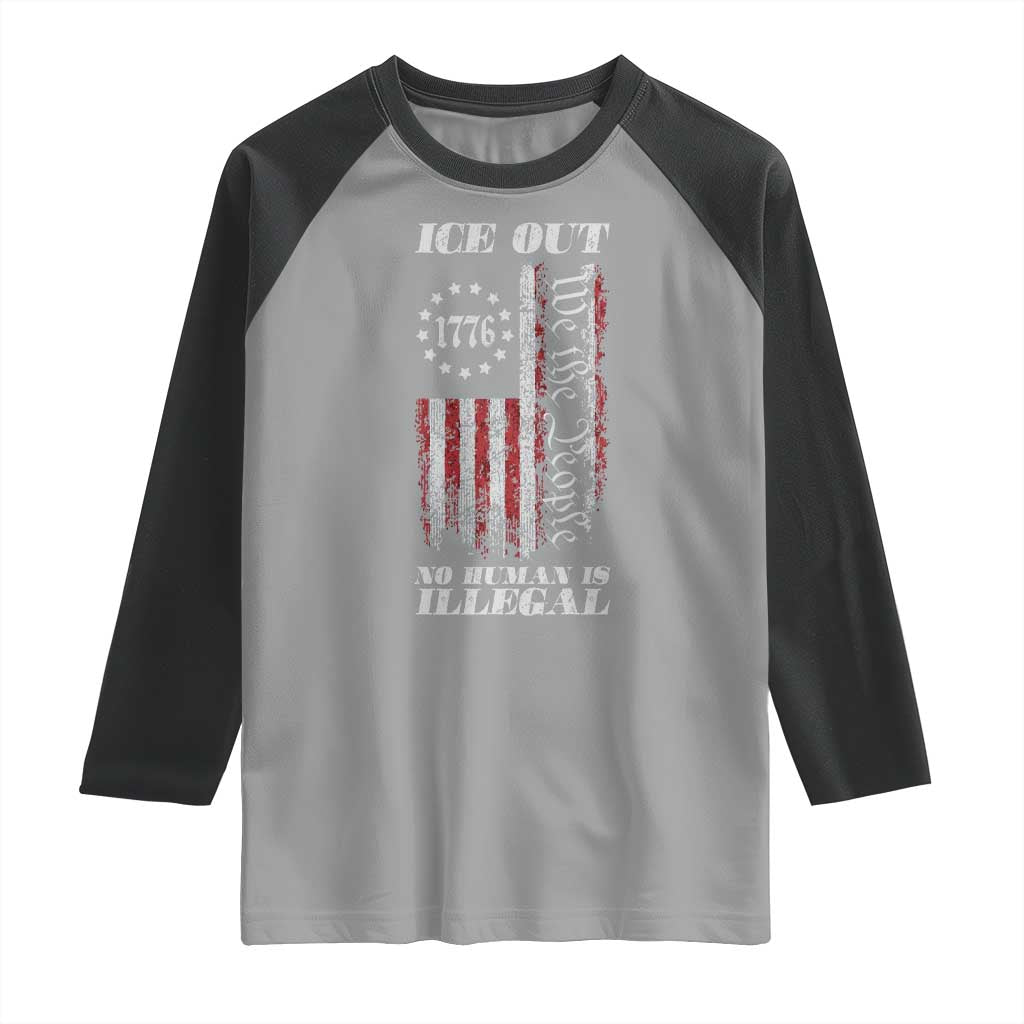 Ice Out No Human Is Illegal Raglan Shirt Vintage Old 1776 US Flag