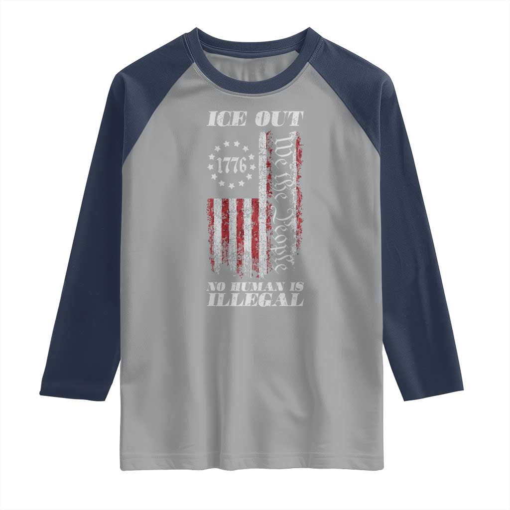 Ice Out No Human Is Illegal Raglan Shirt Vintage Old 1776 US Flag