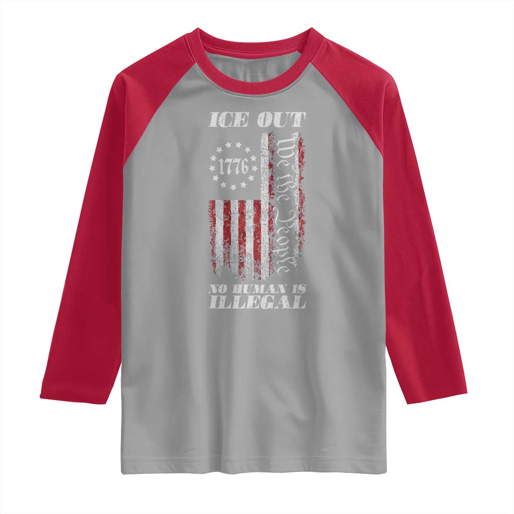 Ice Out No Human Is Illegal Raglan Shirt Vintage Old 1776 US Flag