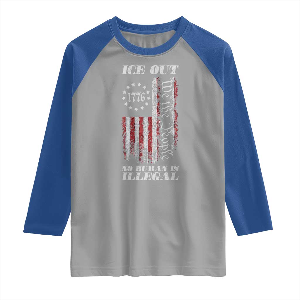 Ice Out No Human Is Illegal Raglan Shirt Vintage Old 1776 US Flag