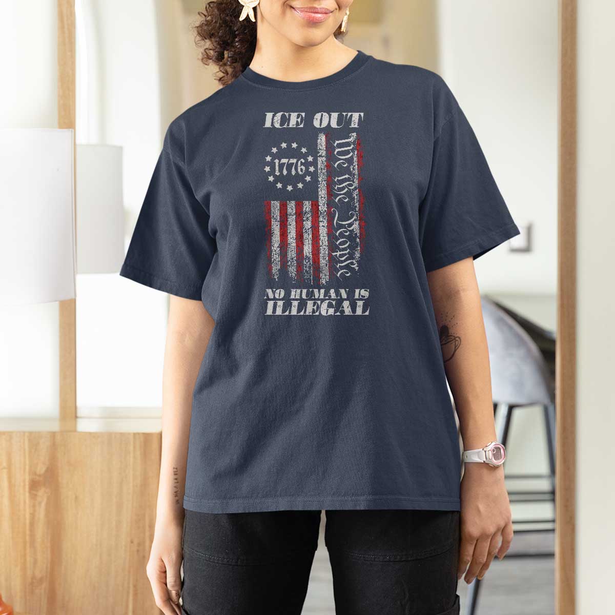 Ice Out No Human Is Illegal T Shirt For Women Vintage Old 1776 US Flag
