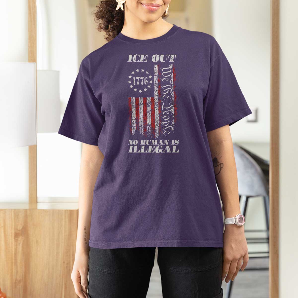 Ice Out No Human Is Illegal T Shirt For Women Vintage Old 1776 US Flag
