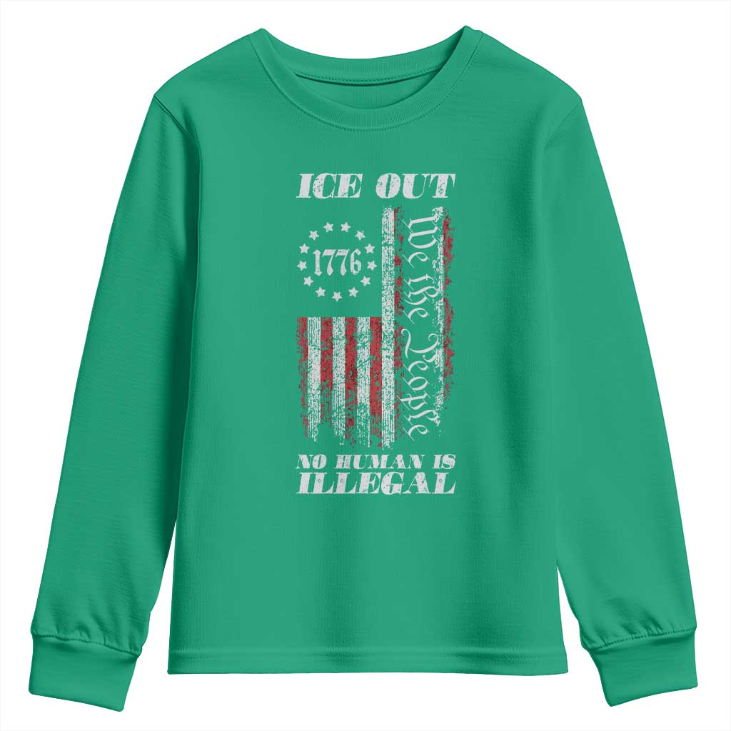 Ice Out No Human Is Illegal Youth Sweatshirt Vintage Old 1776 US Flag