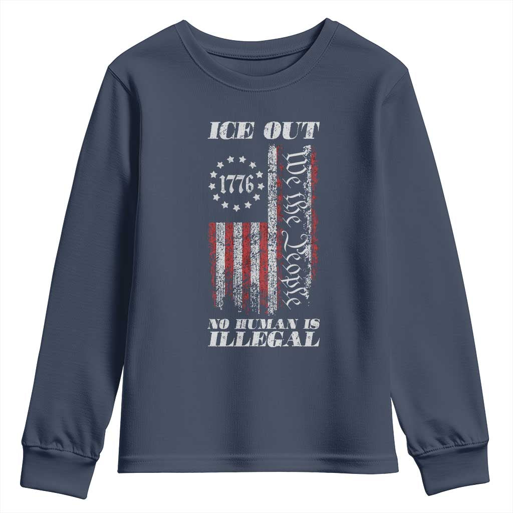 Ice Out No Human Is Illegal Youth Sweatshirt Vintage Old 1776 US Flag