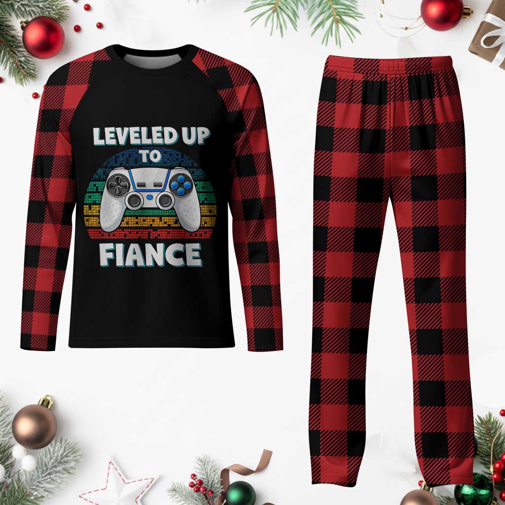 Leveled Up To Fiance Plaid Pajama Set Retro Newly Engaged Gifts For Him