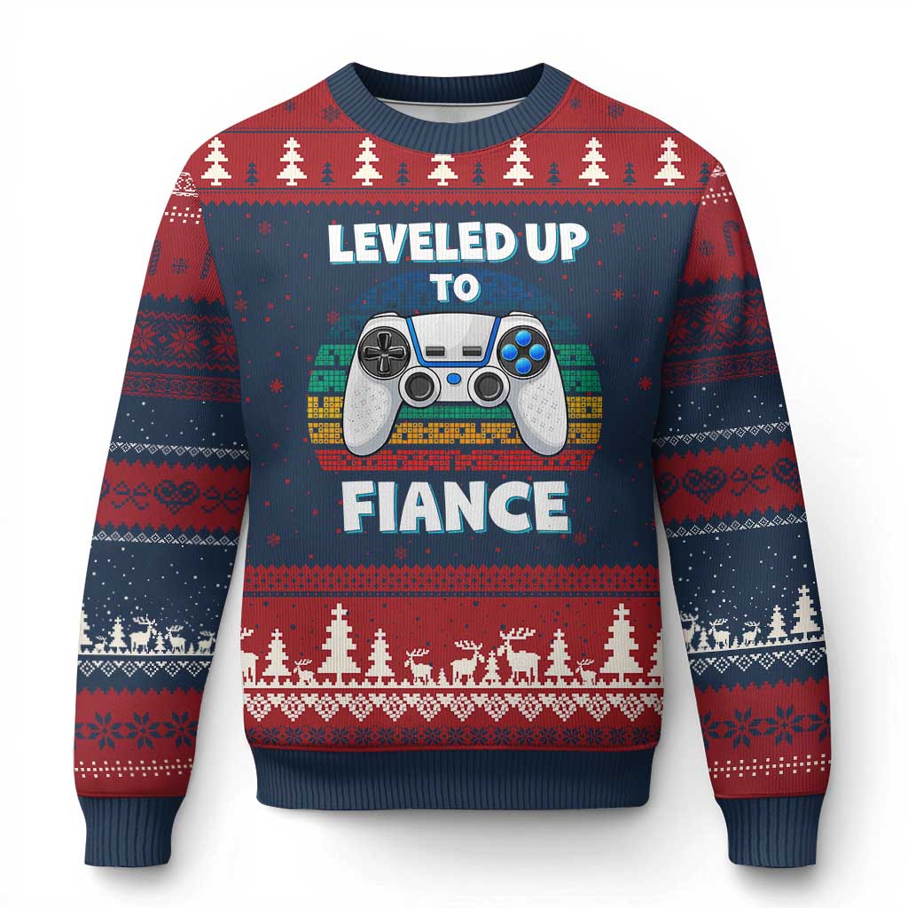 Leveled Up To Fiance Ugly Christmas Sweater Retro Newly Engaged Gifts For Him