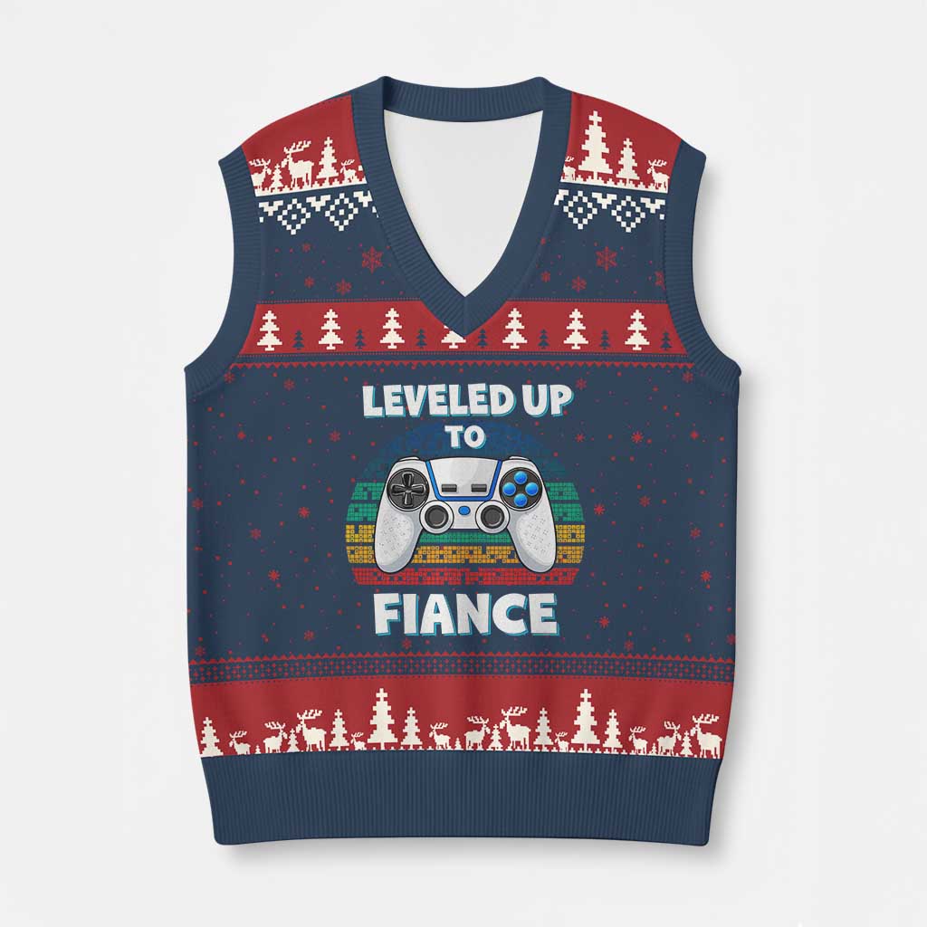 Leveled Up To Fiance V-Neck Knit Sweater Vest Retro Newly Engaged Gifts For Him