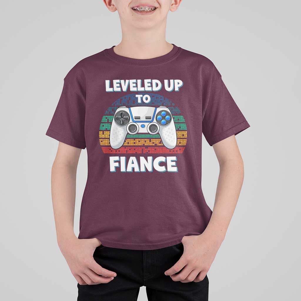 Leveled Up To Fiance T Shirt For Kid Retro Newly Engaged Gifts For Him