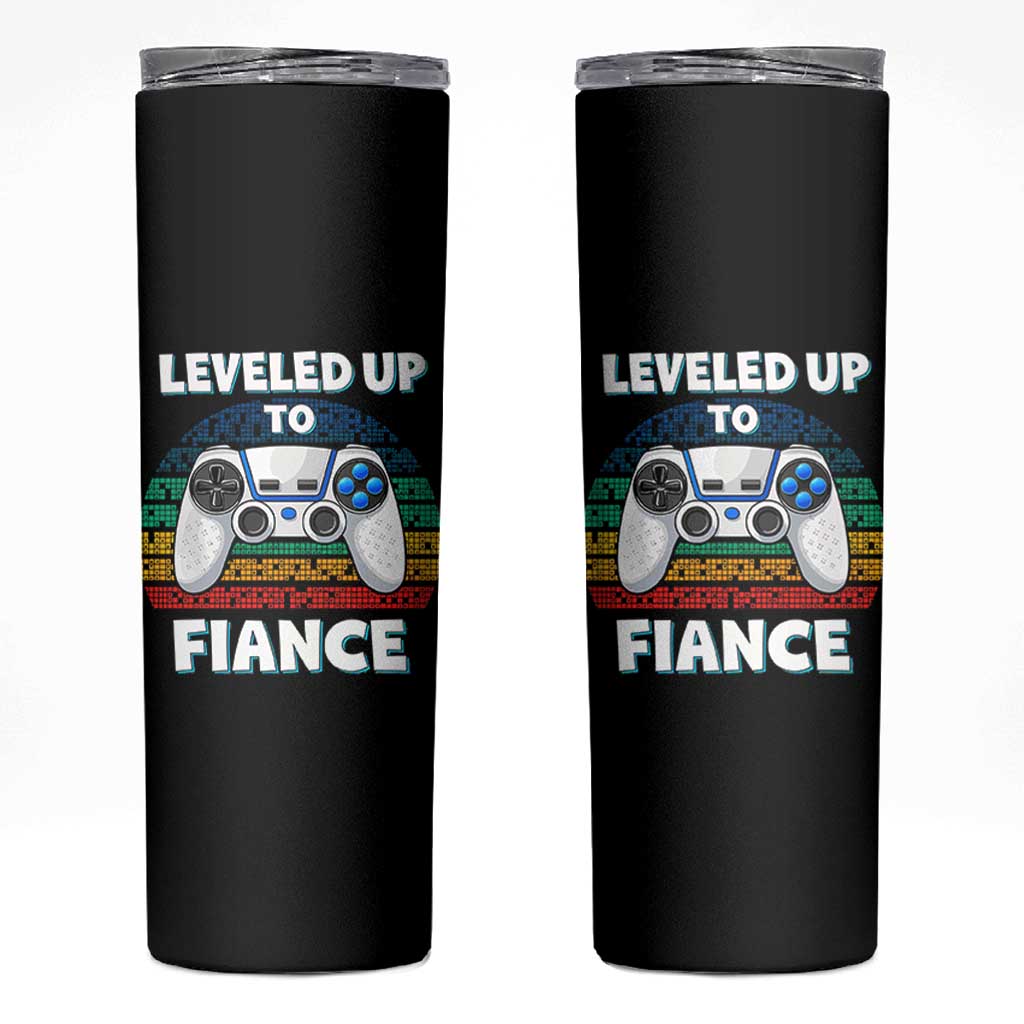 Leveled Up To Fiance Skinny Tumbler Retro Newly Engaged Gifts For Him