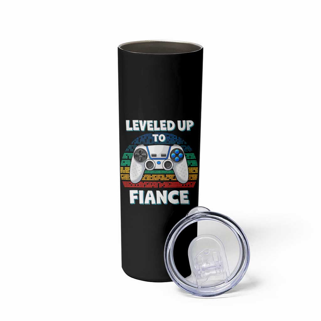 Leveled Up To Fiance Skinny Tumbler Retro Newly Engaged Gifts For Him
