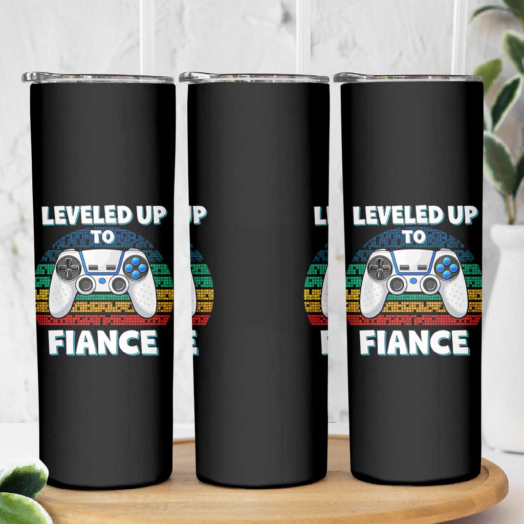 Leveled Up To Fiance Skinny Tumbler Retro Newly Engaged Gifts For Him