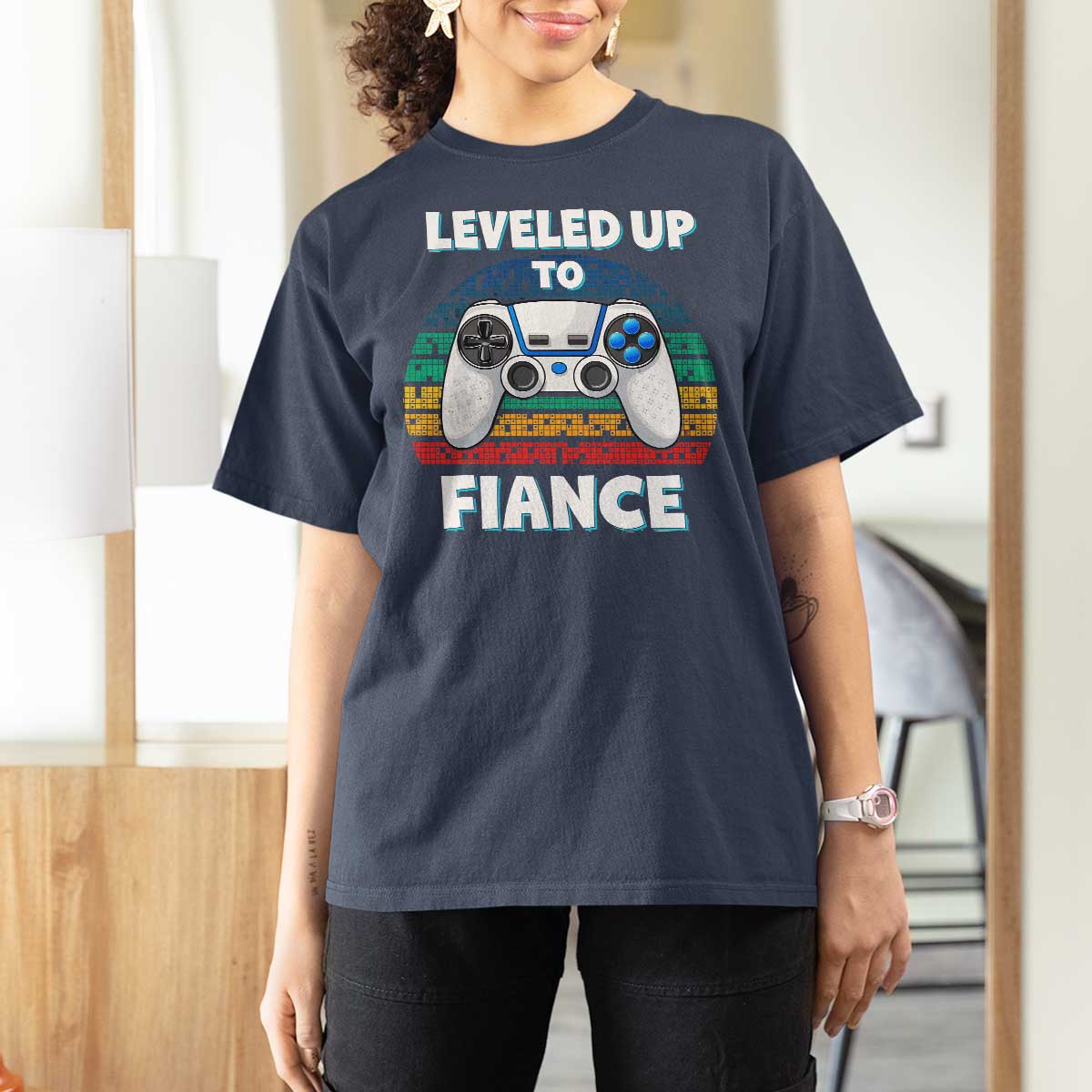 Leveled Up To Fiance T Shirt For Women Retro Newly Engaged Gifts For Him