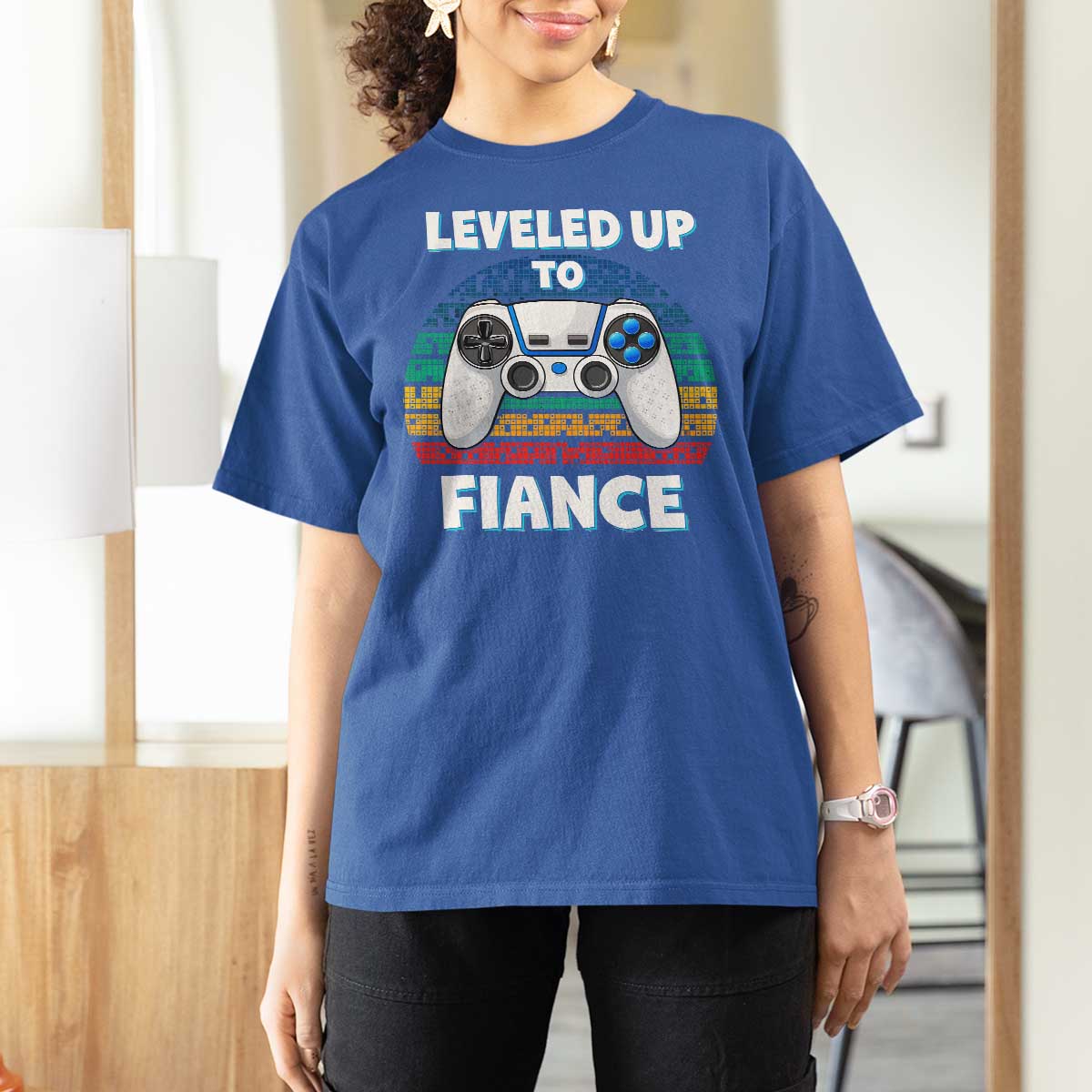 Leveled Up To Fiance T Shirt For Women Retro Newly Engaged Gifts For Him