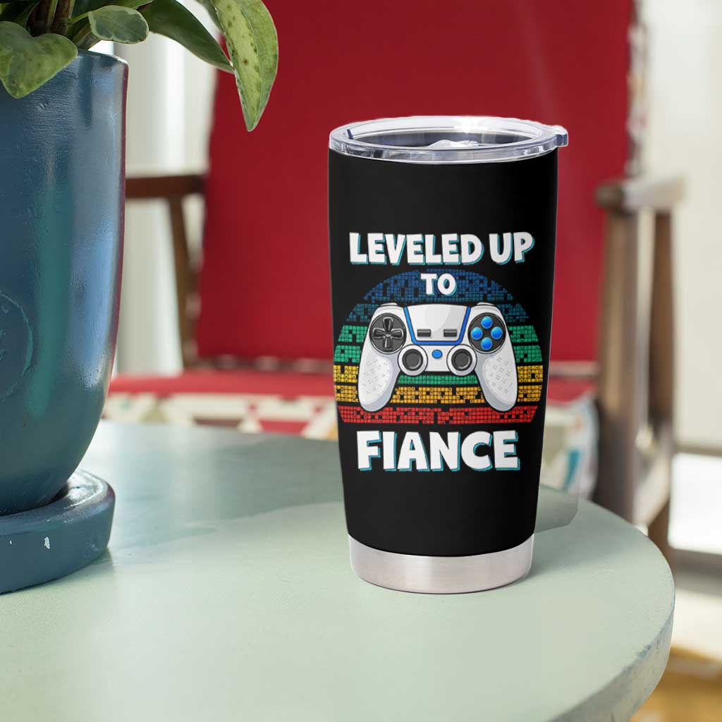 Leveled Up To Fiance Tumbler Cup Retro Newly Engaged Gifts For Him