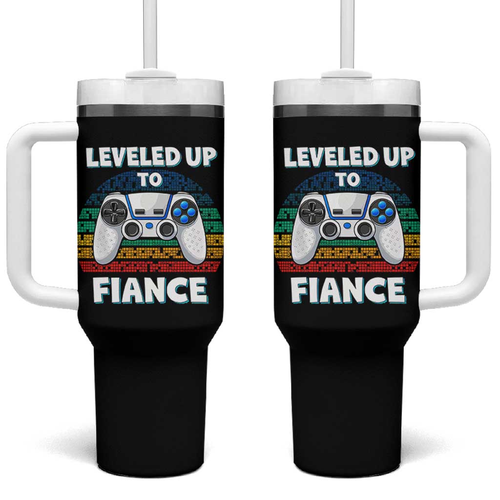 Leveled Up To Fiance Tumbler With Handle Retro Newly Engaged Gifts For Him
