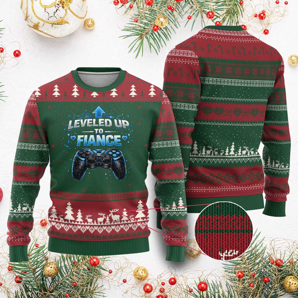 Leveled Up To Fiance Ugly Christmas Sweater Newly Engaged Gifts For Him Gamer