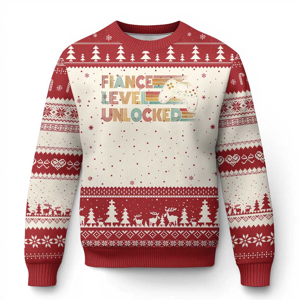 Fiance Level Unlocked Ugly Christmas Sweater Retro Engaged Gifts For Him Gamer