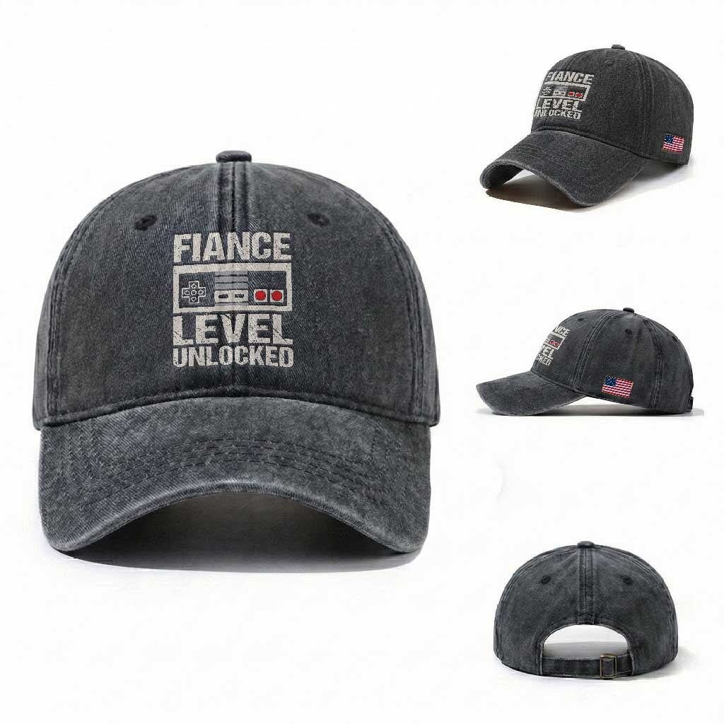 Leveled Fiance Unlocked Washed Cotton Baseball Cap Engagement Gift For Fiancé Bachelor Party