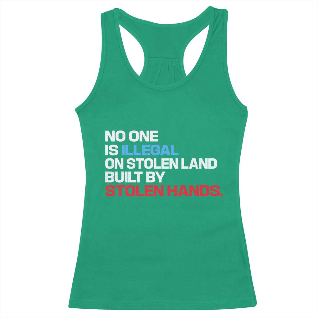 No One Is Illegal On Stolen Land Racerback Tank Top Built by Stolen Hands