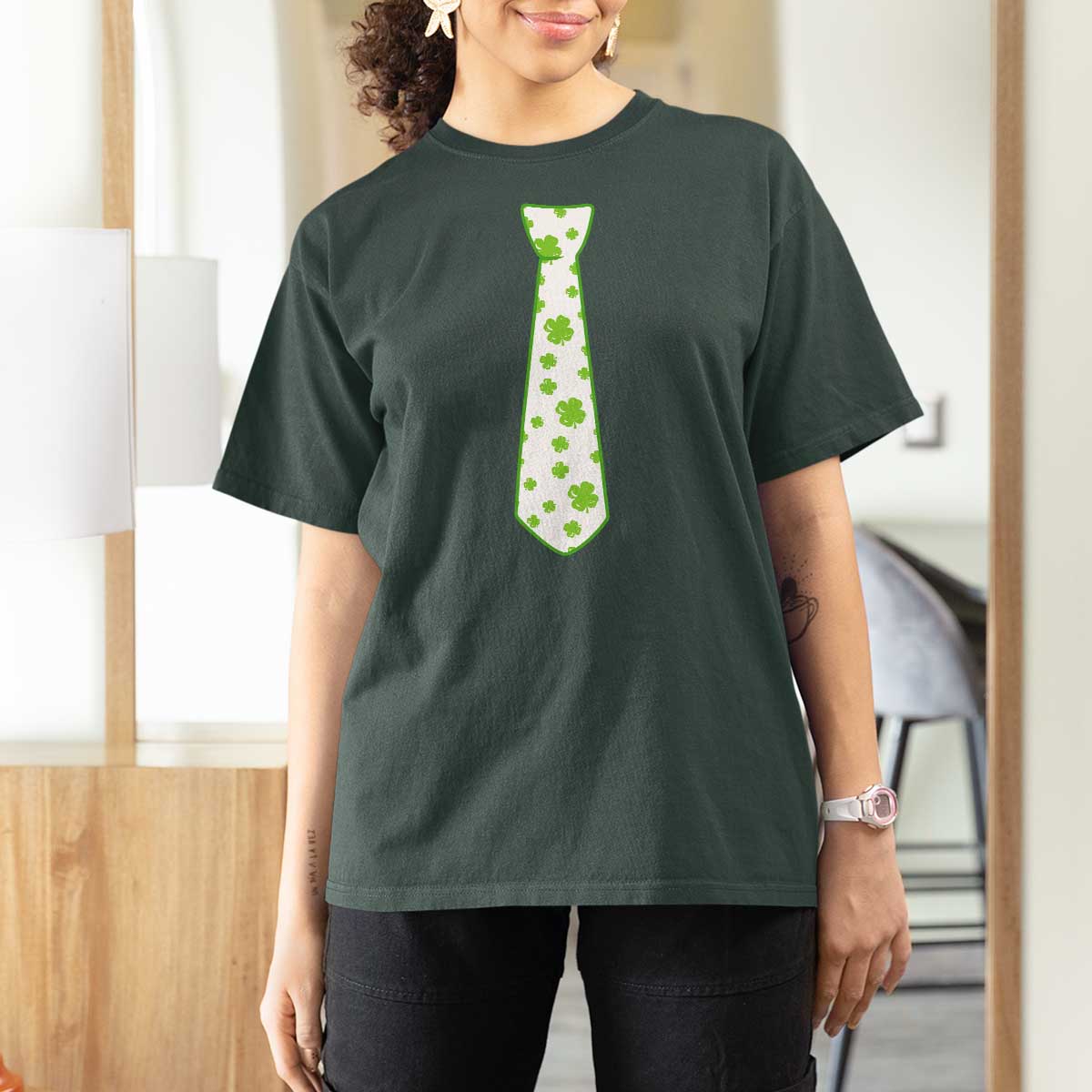 Shamrocks Tie T Shirt For Women Kids St Patricks Day Costume Party Humor