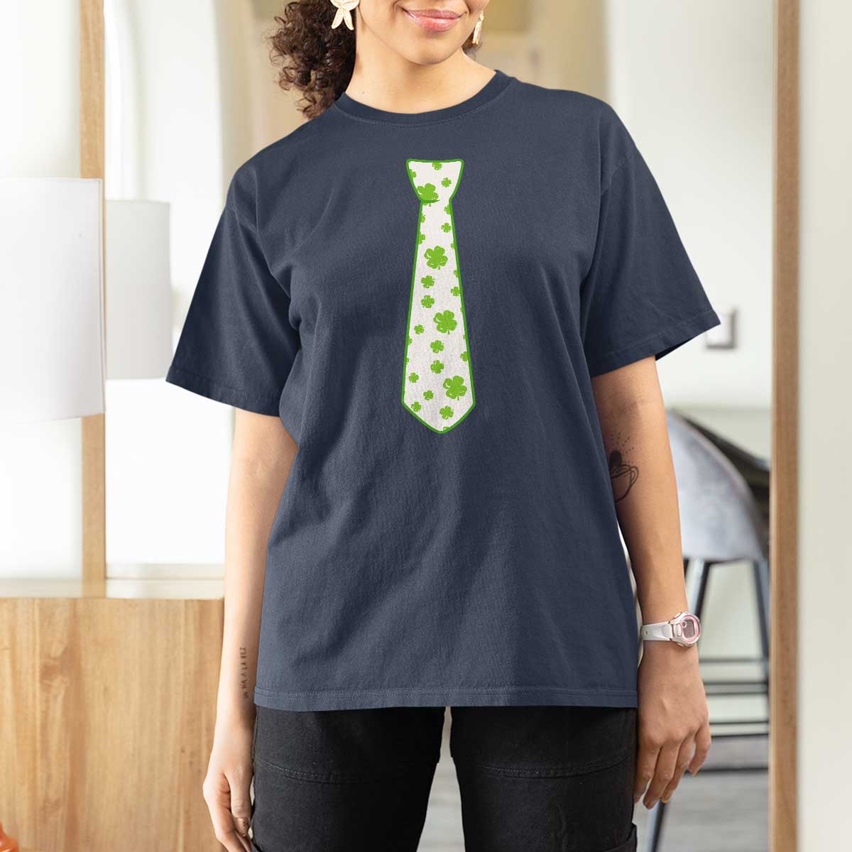 Shamrocks Tie T Shirt For Women Kids St Patricks Day Costume Party Humor