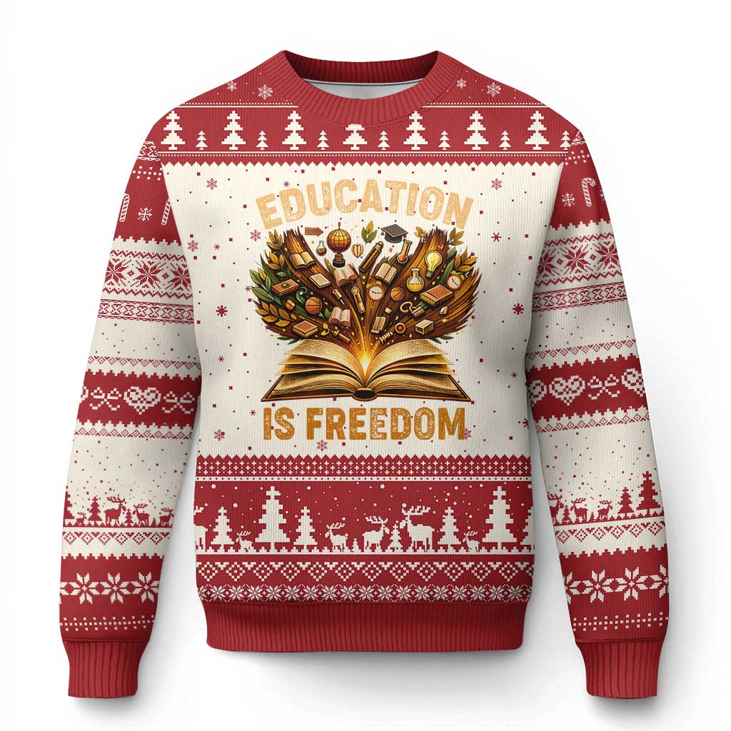 Black History Education Is Freedom Ugly Christmas Sweater Retro Books Afro African American Heritage