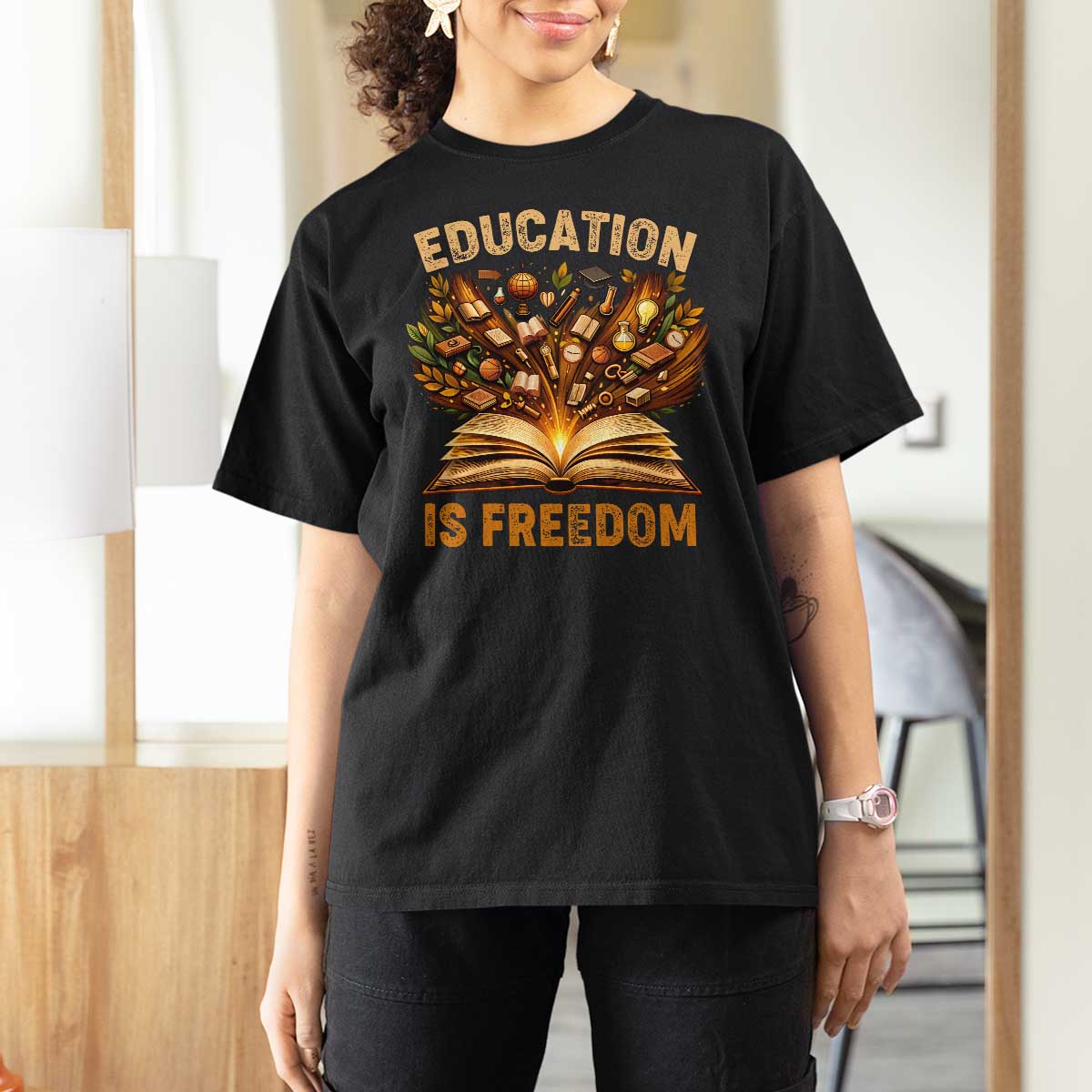 Black History Education Is Freedom T Shirt For Women Retro Books Afro African American Heritage