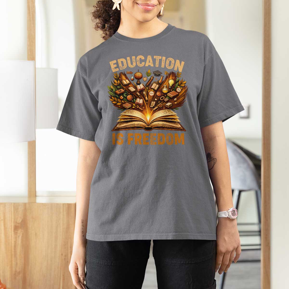 Black History Education Is Freedom T Shirt For Women Retro Books Afro African American Heritage