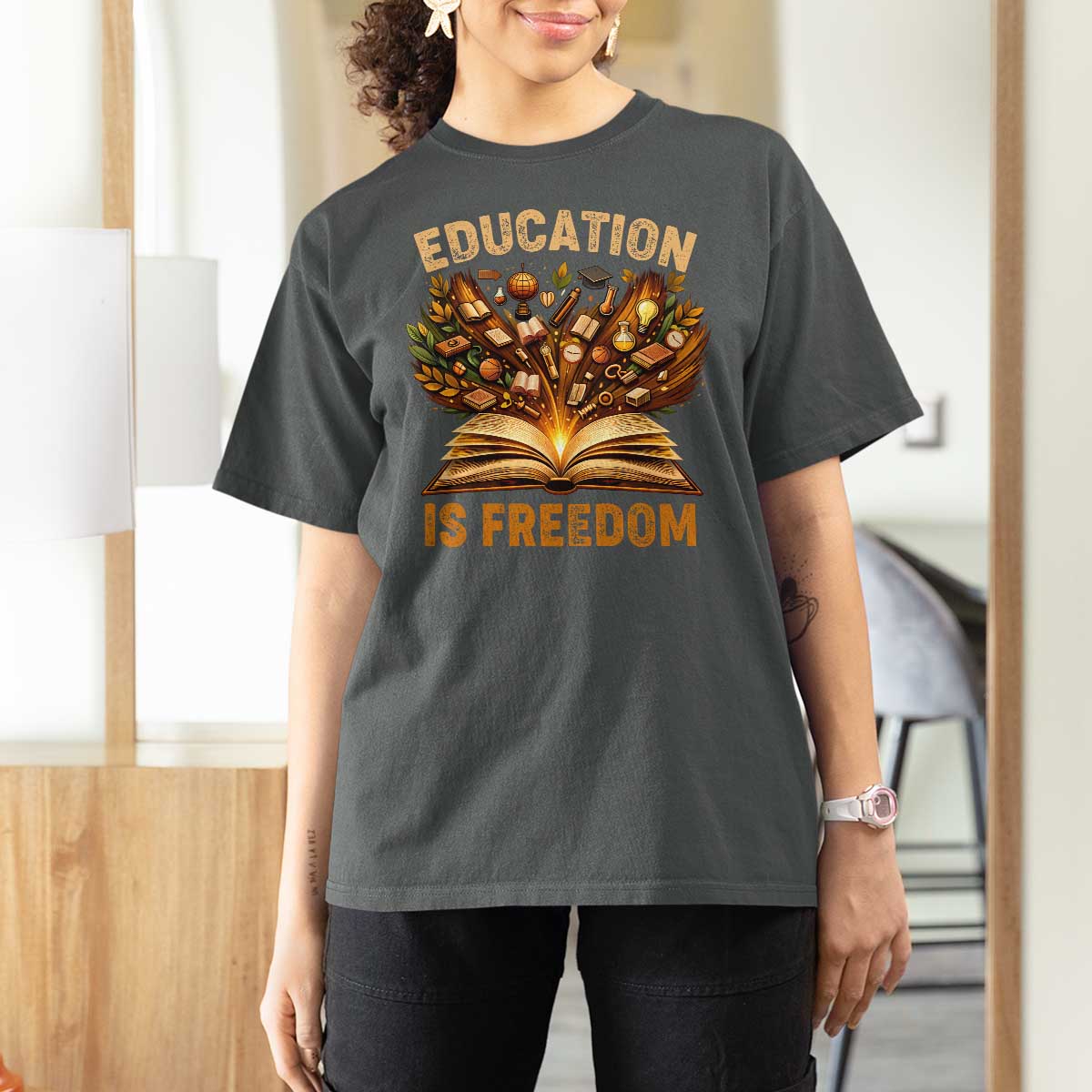Black History Education Is Freedom T Shirt For Women Retro Books Afro African American Heritage