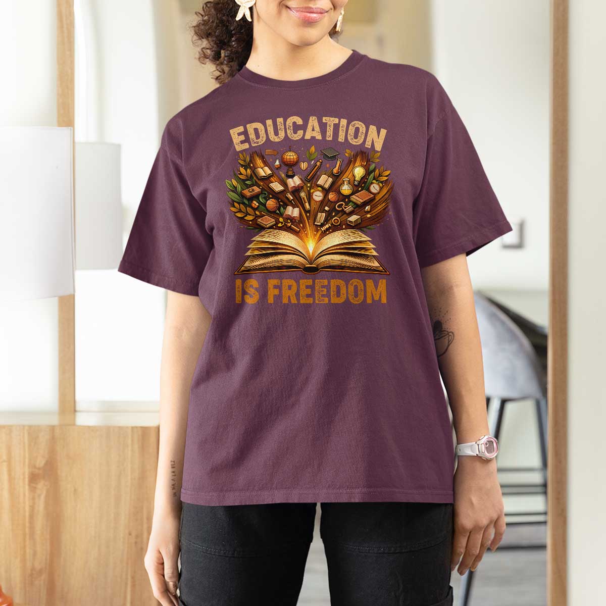 Black History Education Is Freedom T Shirt For Women Retro Books Afro African American Heritage