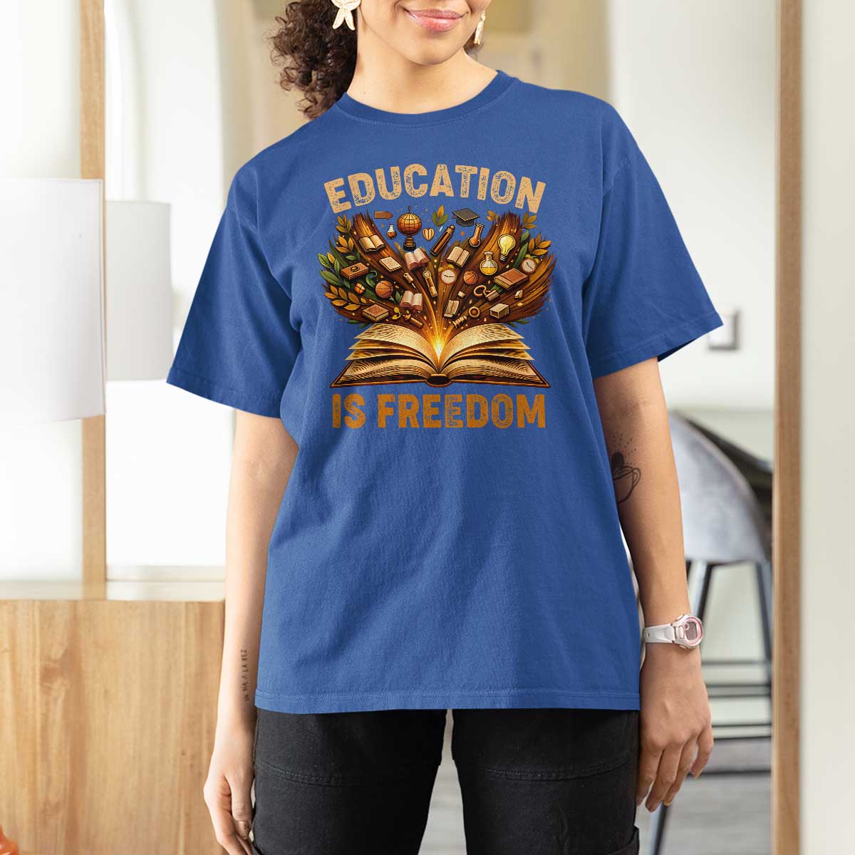 Black History Education Is Freedom T Shirt For Women Retro Books Afro African American Heritage